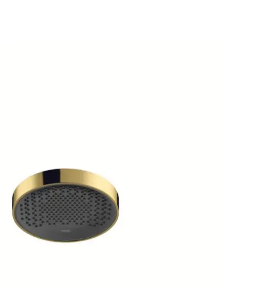 Runde Kopfbrause mit einer goldenen Umrandung und schwarz strukturiertem Kopfteil. Produkt von Hansgrohe, geeignet für Badezimmerinstallationen.